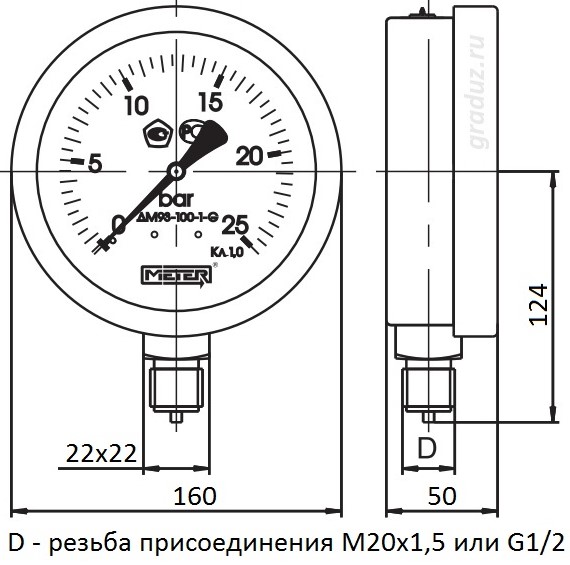 Габариты манометра ДМ 93-160-1-М-(диапазон)-1,5-1-0